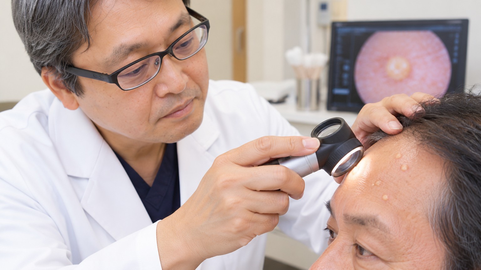 皮膚科医がダーモスコピーを使って顔のできものを診察している様子
