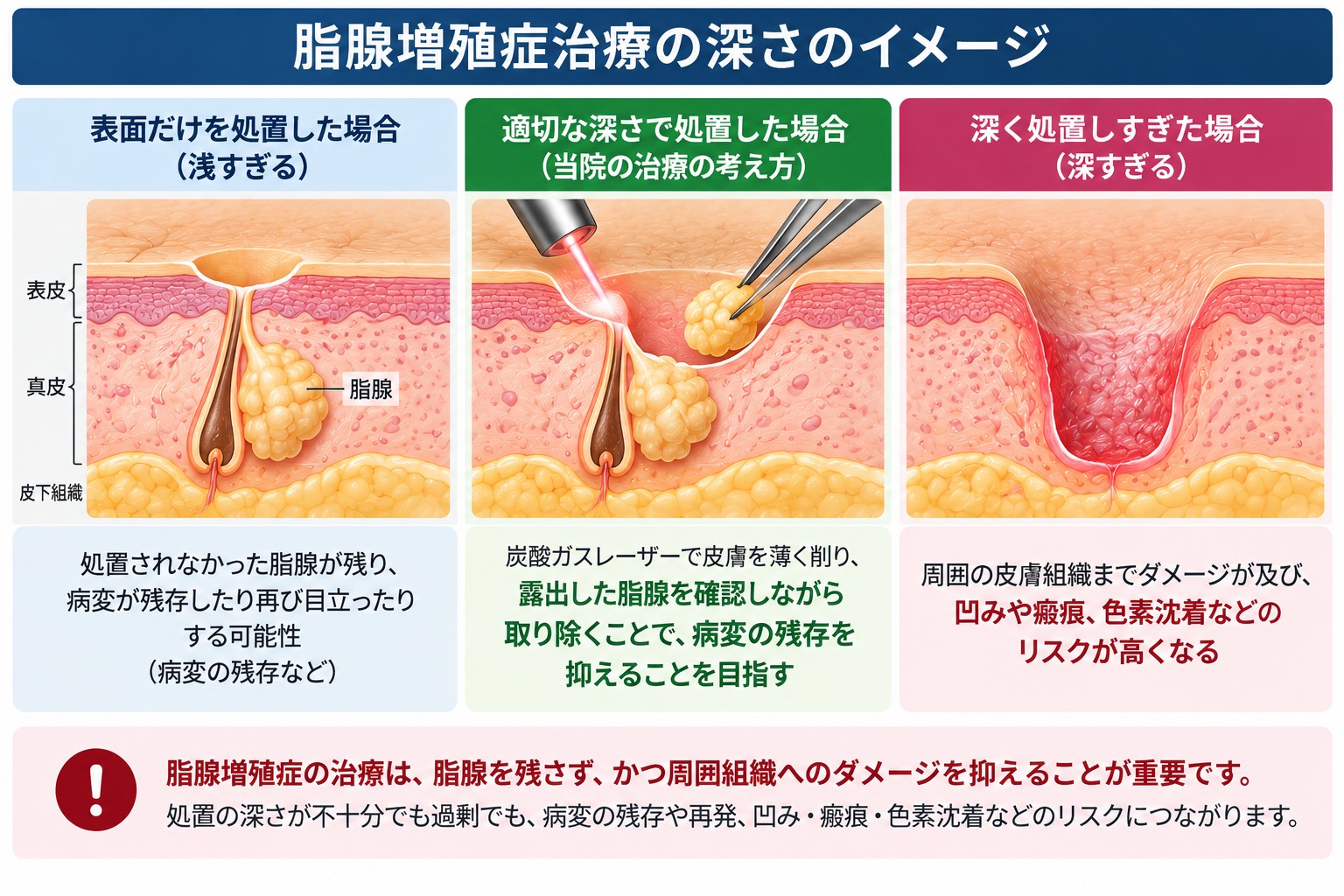 脂腺増殖症治療で表面だけを処置した場合、適切な深さで脂腺を確認しながら取り除く場合、深く処置しすぎた場合の違いを示す図