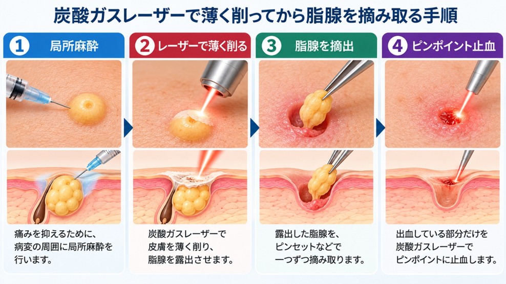 炭酸ガスレーザーで薄く削ってから脂腺を摘み取る手順の図解（①局所麻酔 →②レーザーで薄く削る →③脂腺を摘出 →④ピンポイント止血）
