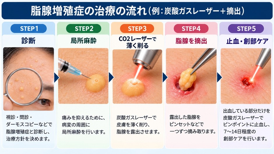 脂腺増殖症治療の流れの図解（STEP1〜STEP5）