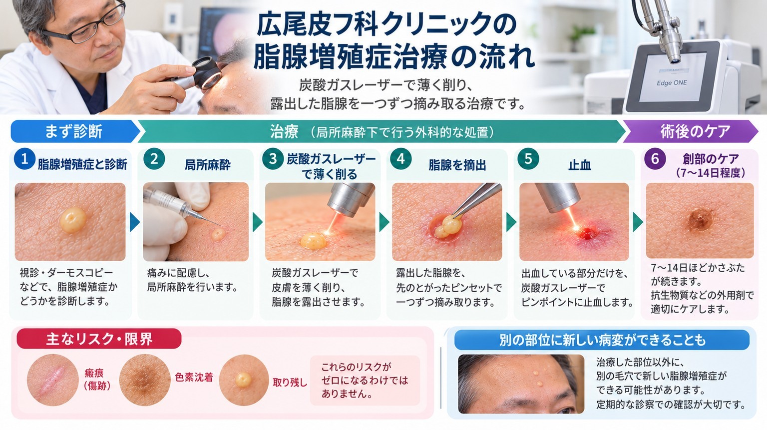 広尾皮フ科クリニックの脂腺増殖症治療について診断から施術と術後ケアまでをまとめた図