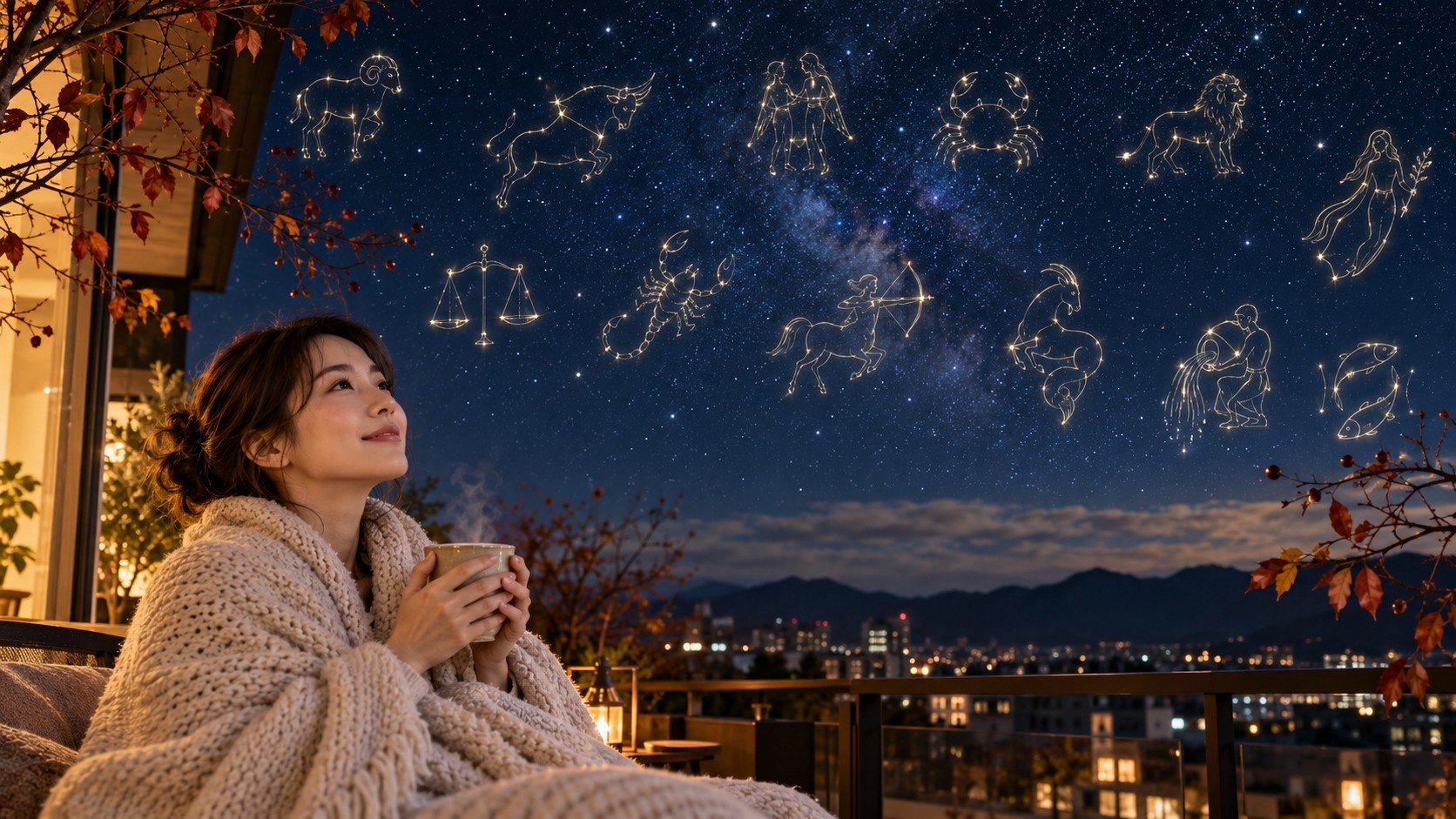 晩秋の夜空と12星座を眺めながら11月の運勢をイメージする日本人女性