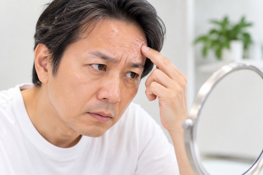 鏡を見ながら額のぶつぶつを気にする男性