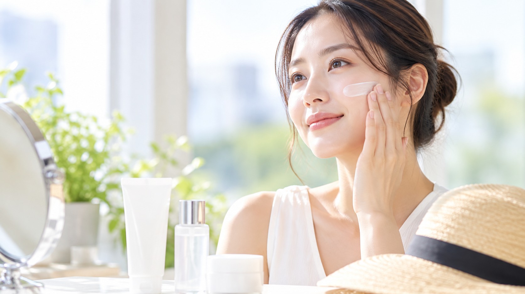 IPL治療後の紫外線対策として、女性が肌をこすらず日焼け止めを優しく塗るイメージ写真