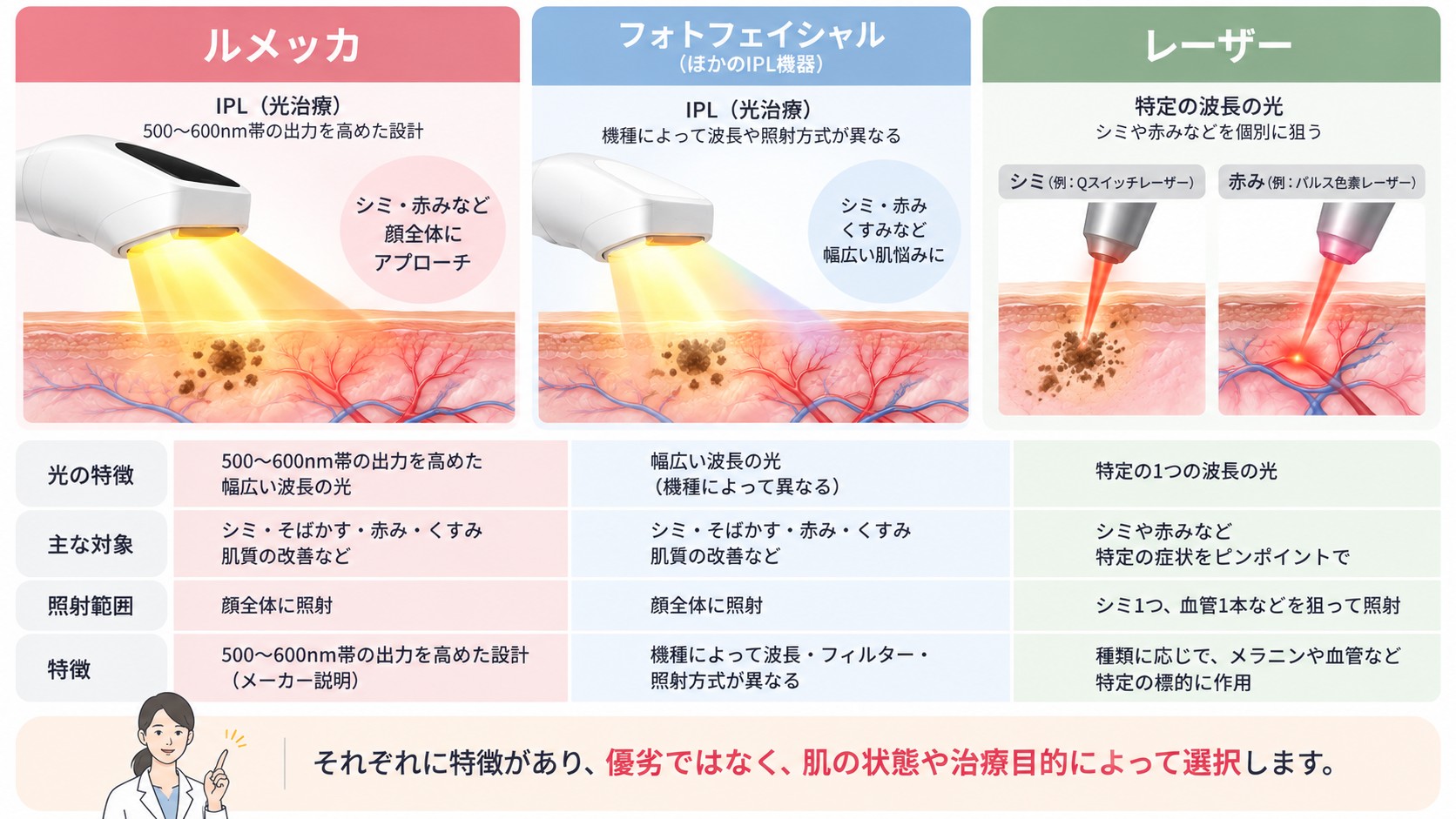 ルメッカとほかのIPL機器、レーザー治療について、光の特徴、主な対象、照射範囲を比較した図