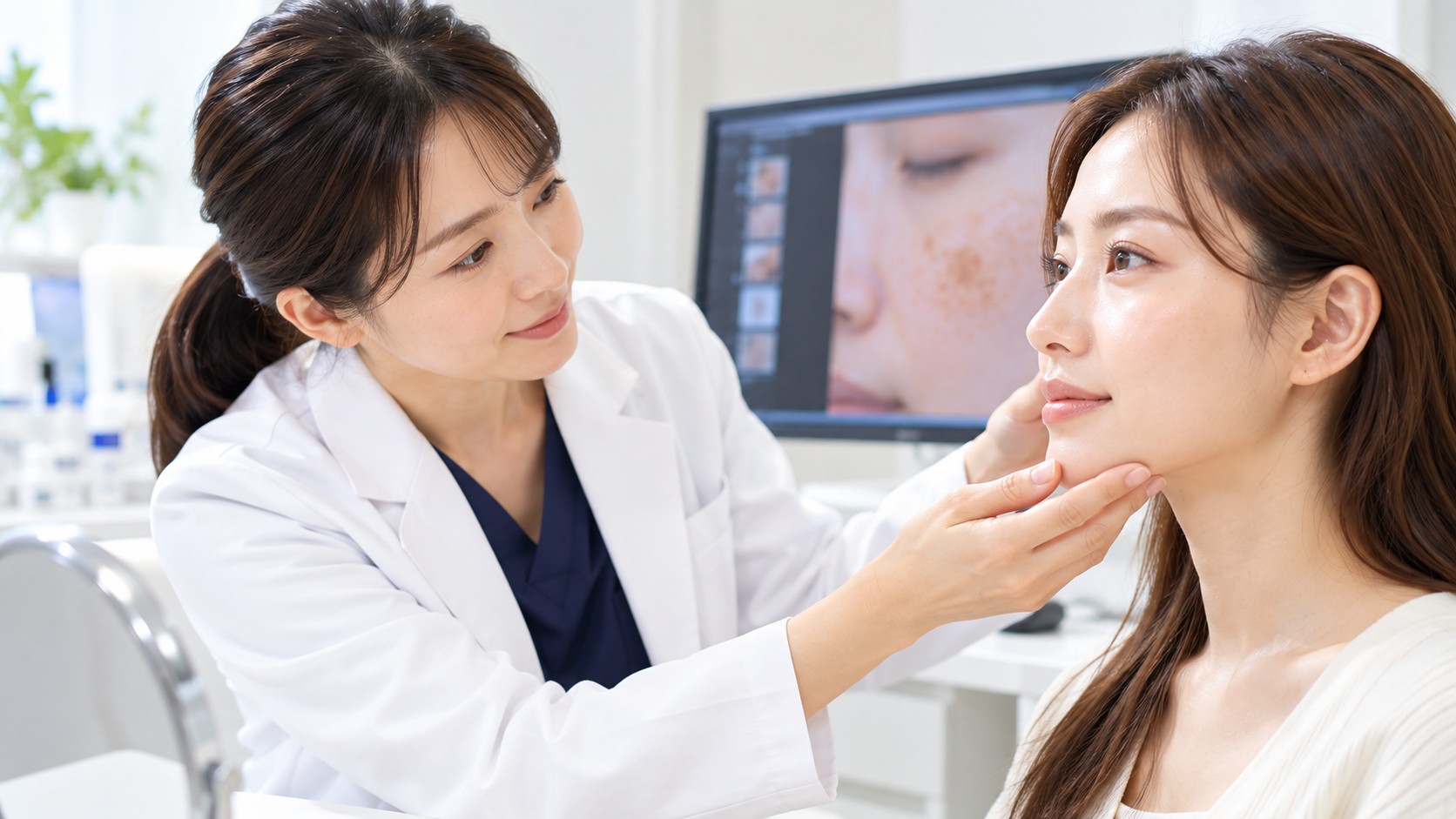 美容皮膚科で医師が患者の頬やあごの肌を診察し、シミや赤みの状態を確認しているイメージ写真
