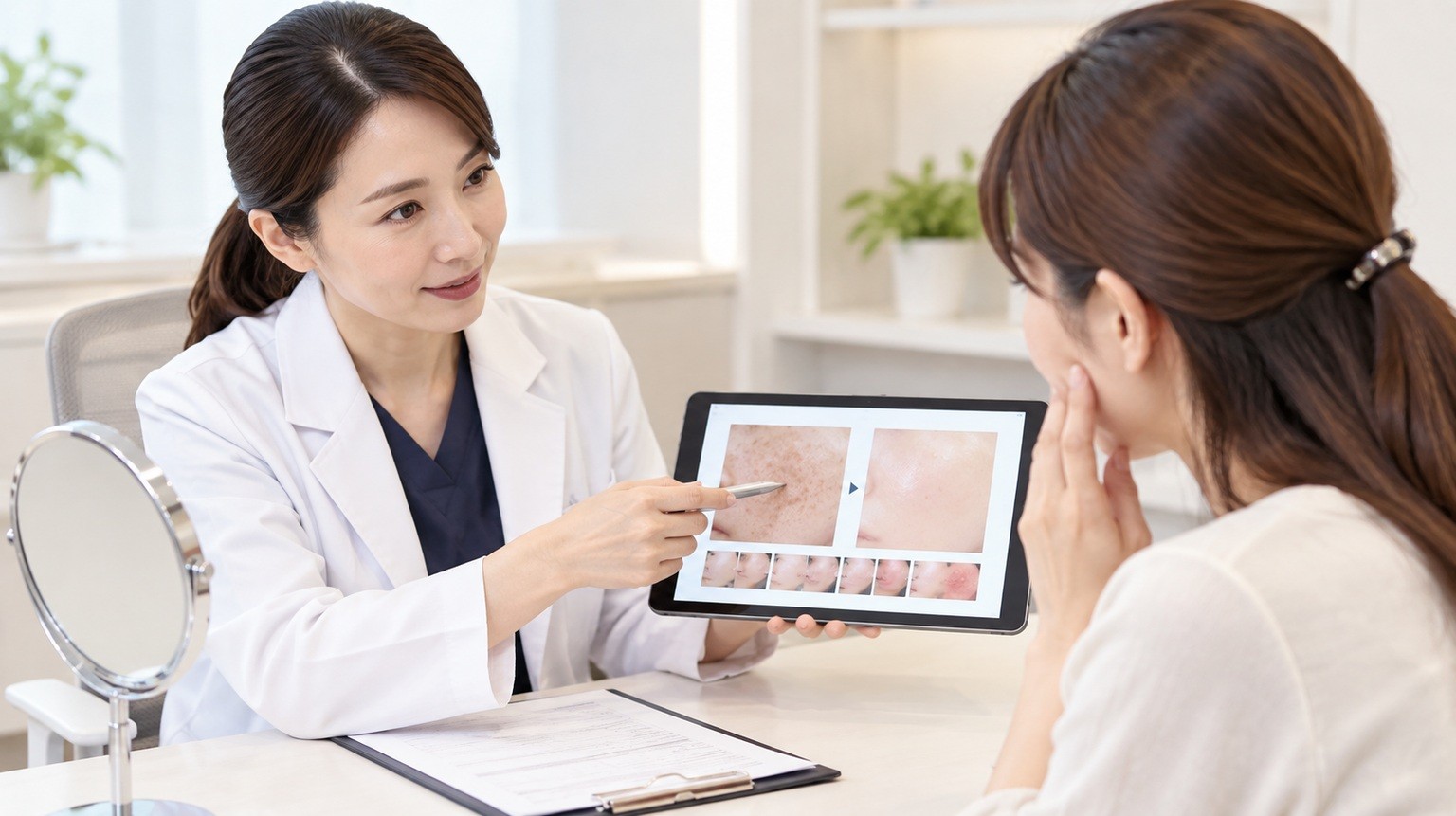 IPL治療を受ける前に医師から肌状態や治療内容の説明を受ける患者のイメージ
