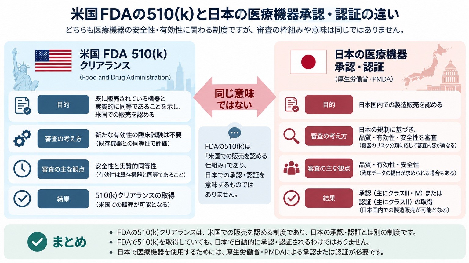 米国FDAの510(k)クリアランスと日本の医療機器承認・認証制度の違いを示した図