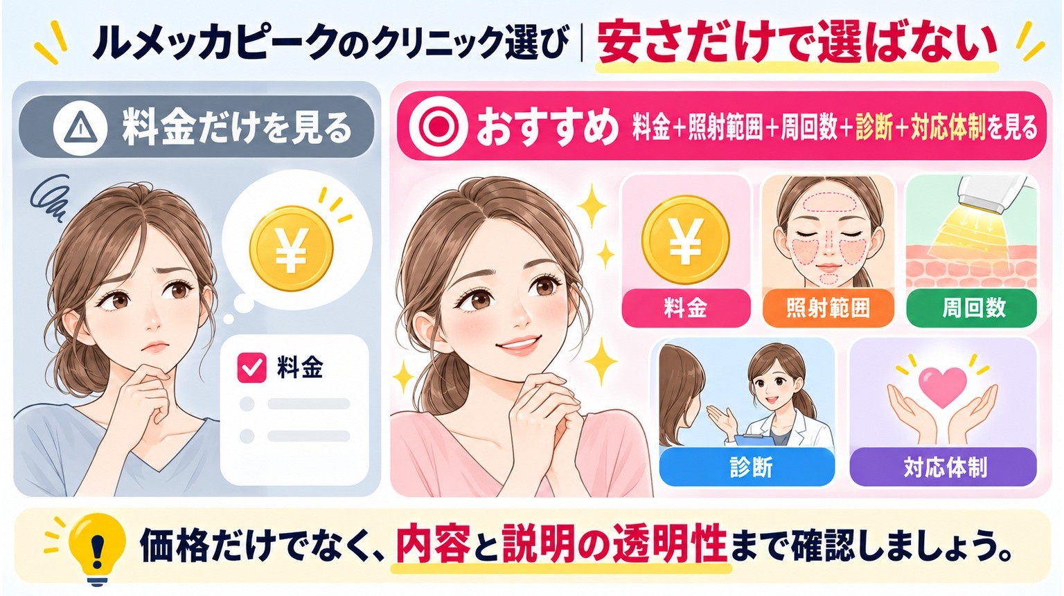 ルメッカピークのクリニック選びでは料金だけでなく照射範囲や診療体制も確認することを示す図
