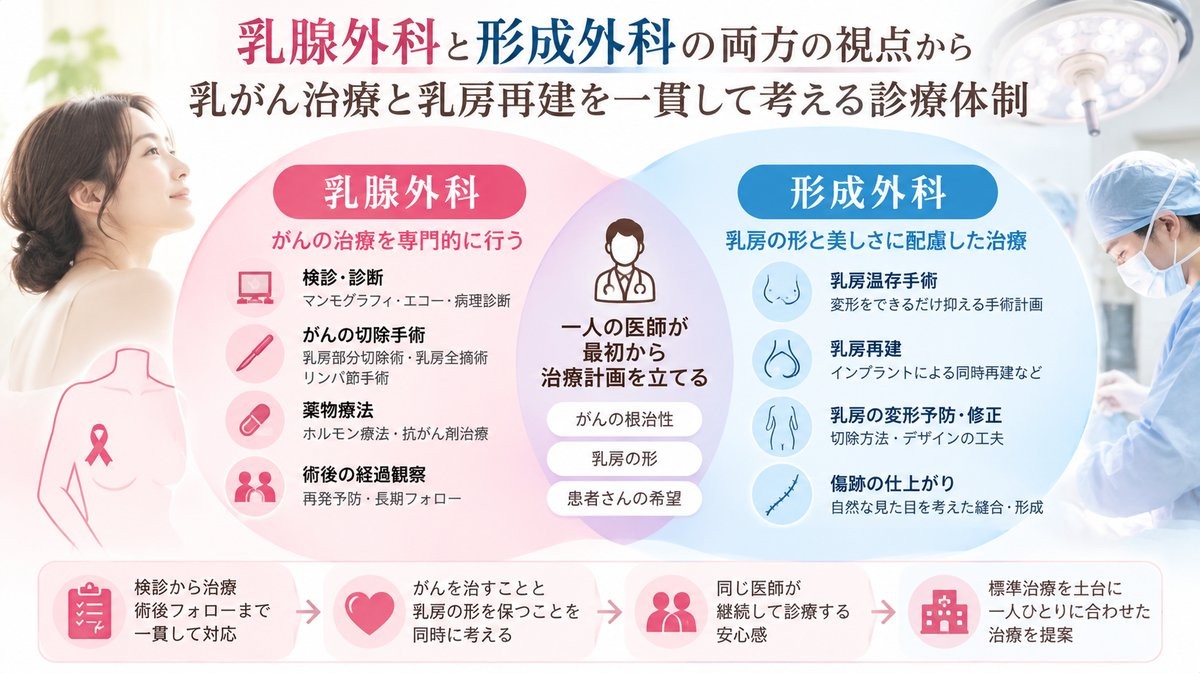 乳腺外科と形成外科の両方の視点から乳がん治療と乳房再建を一貫して考える診療体制を示す図