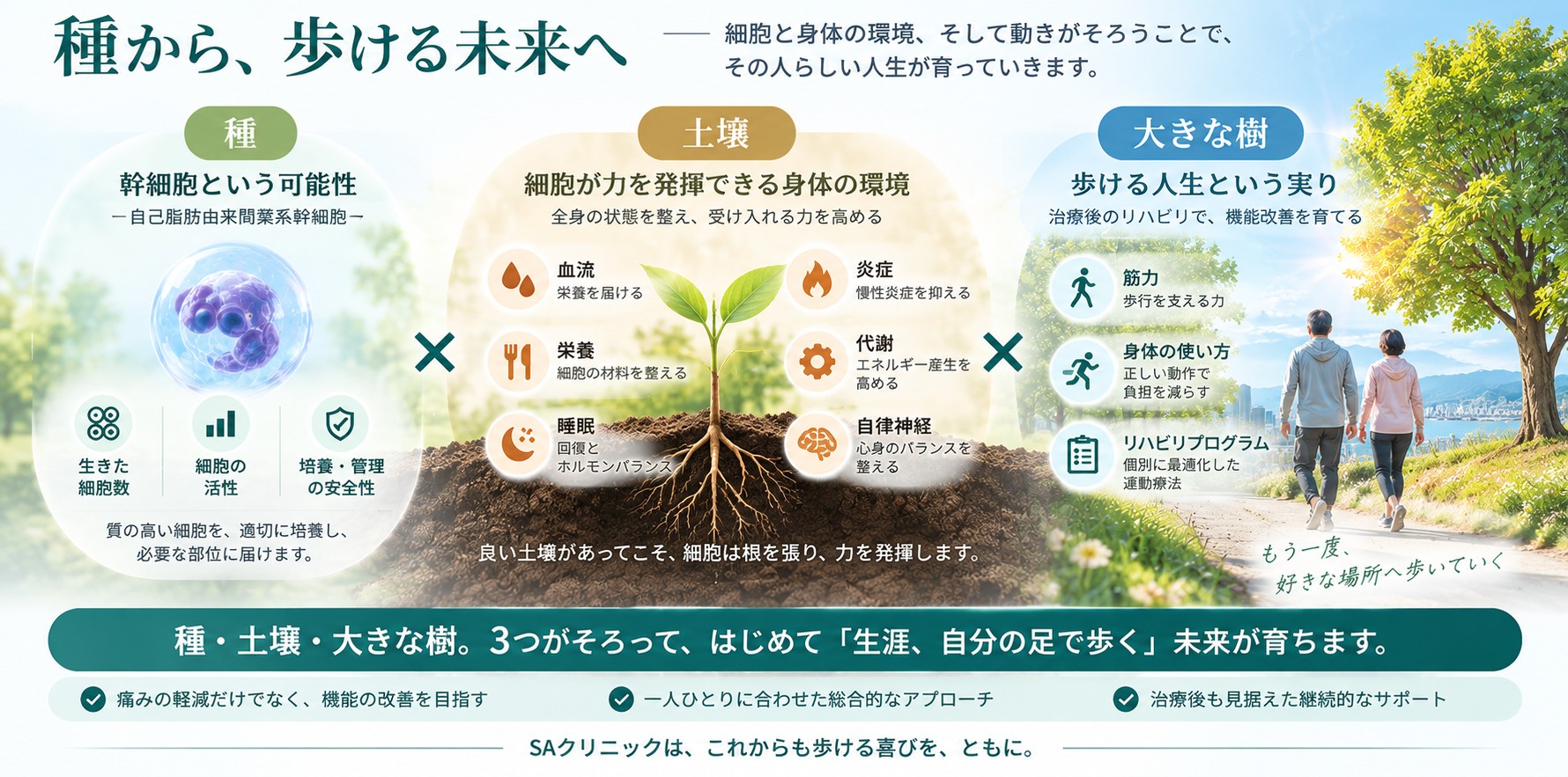 根・土壌（内科的アプローチ）、種・芽（再生医療）、大きな樹（歩行回復）の関係を示す概念図