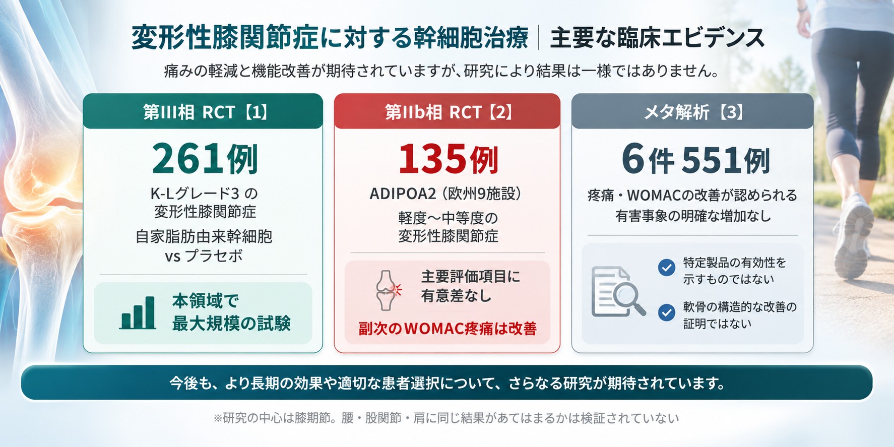 変形性膝関節症に対する幹細胞治療の主要な臨床エビデンスの比較図